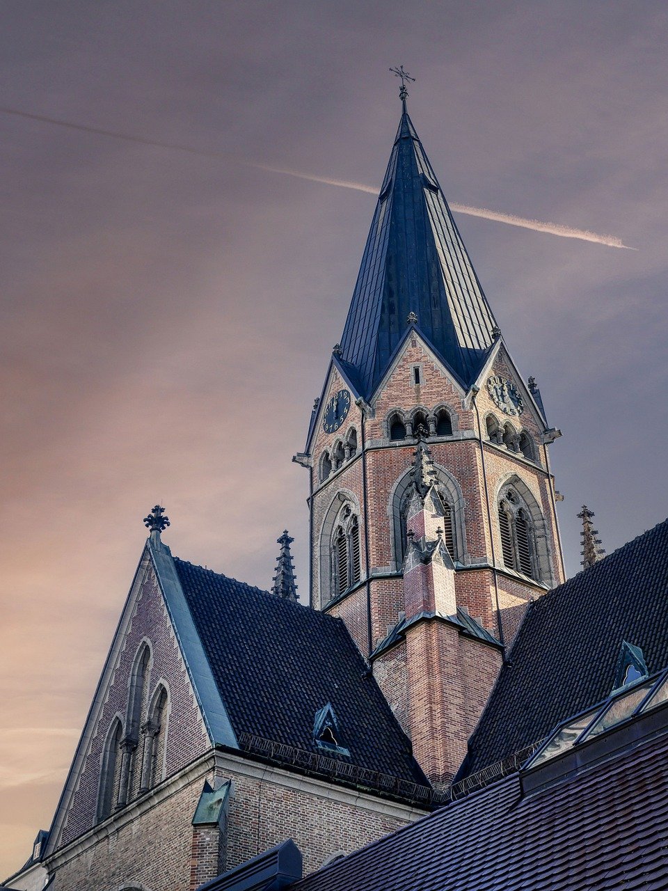 cta-bg monastery, ottilien, bavaria, germany, bell tower, church, clouds, shingles, brick, architecture, building, facade, structure, cathedral, design, high, nature, heaven, contrails